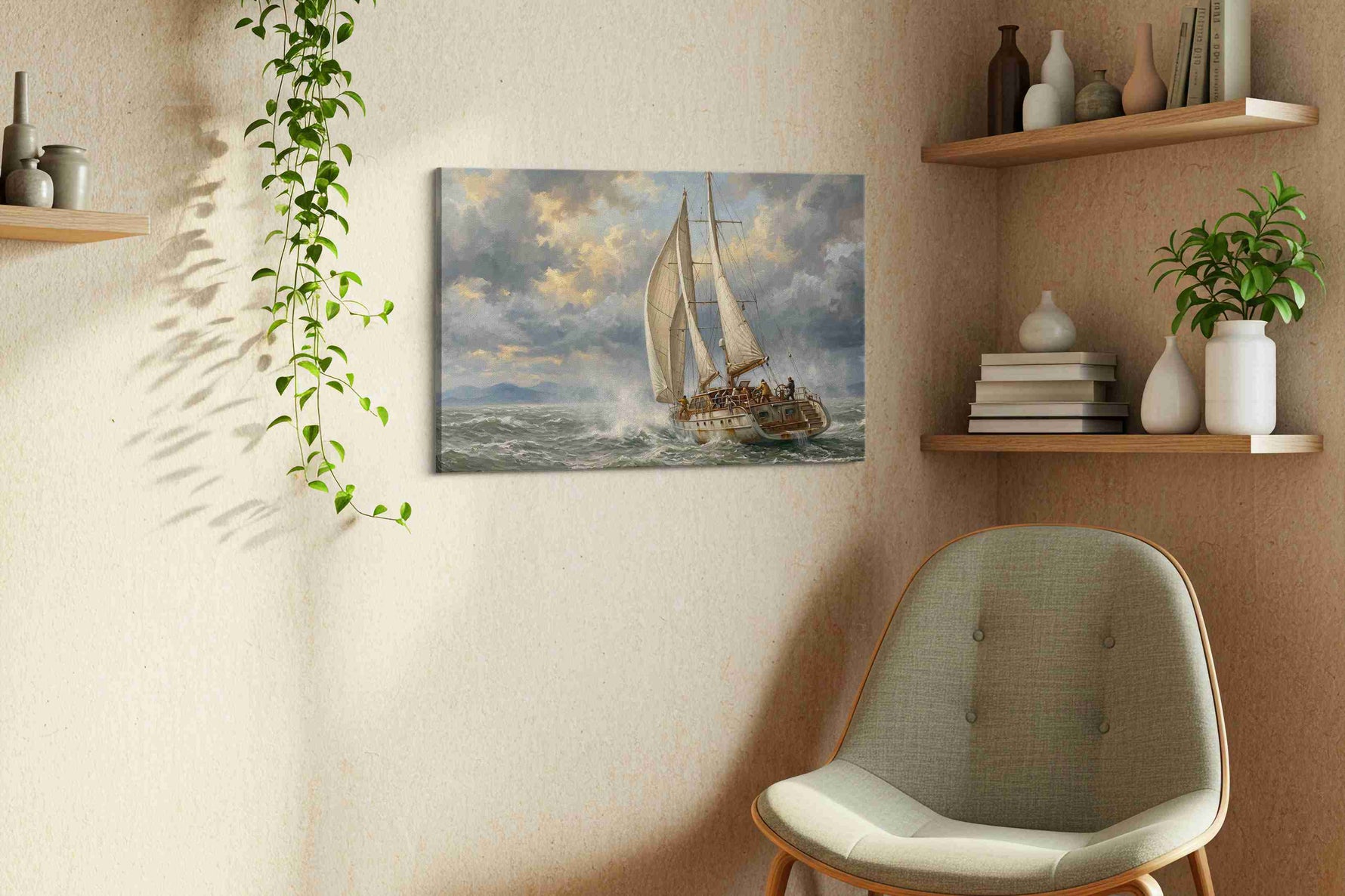 Stormy Seas Adventure sailing canvas print, displayed in a living room