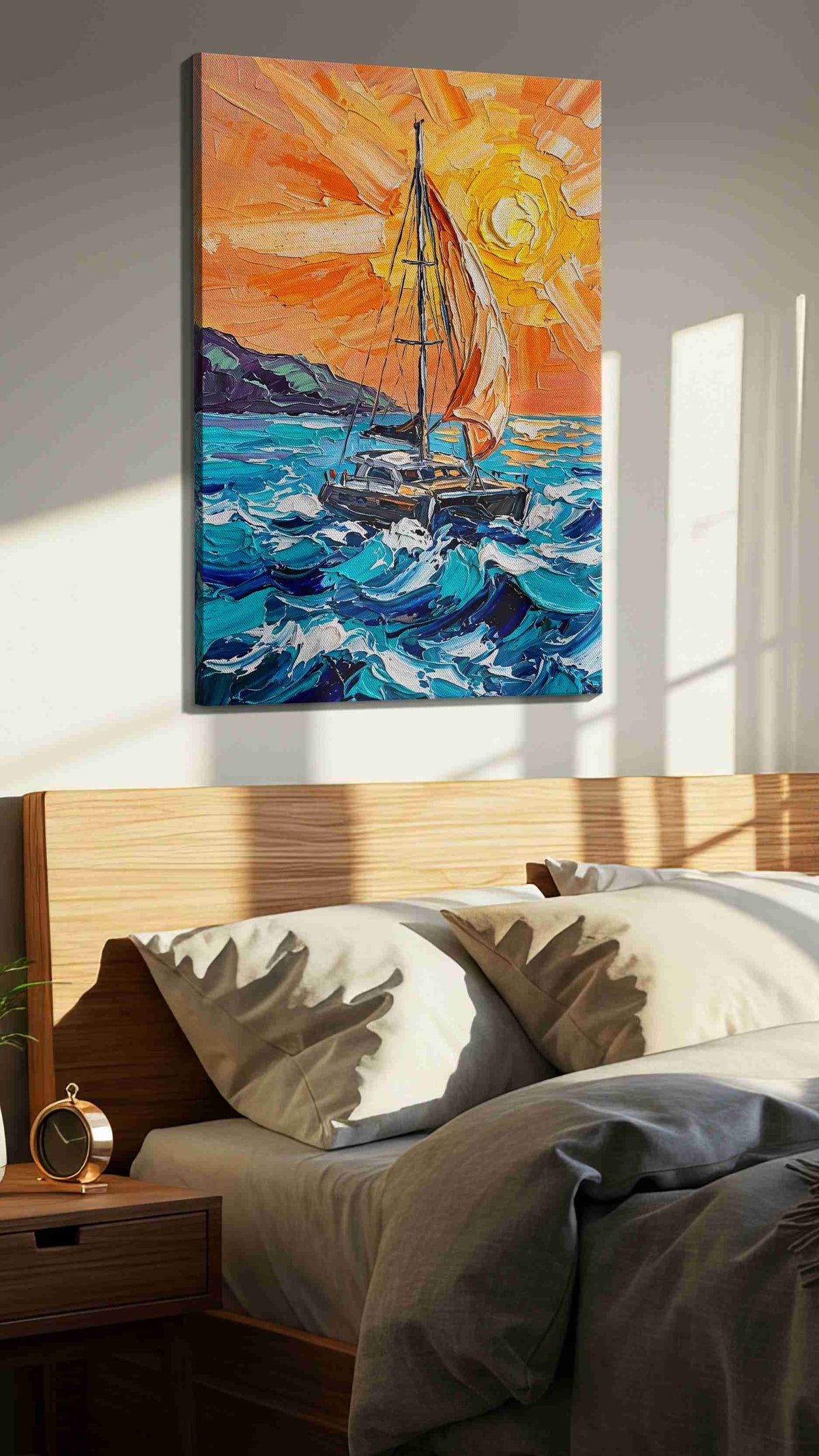 Sunlit Voyage sailing canvas print, displayed in a bedroom