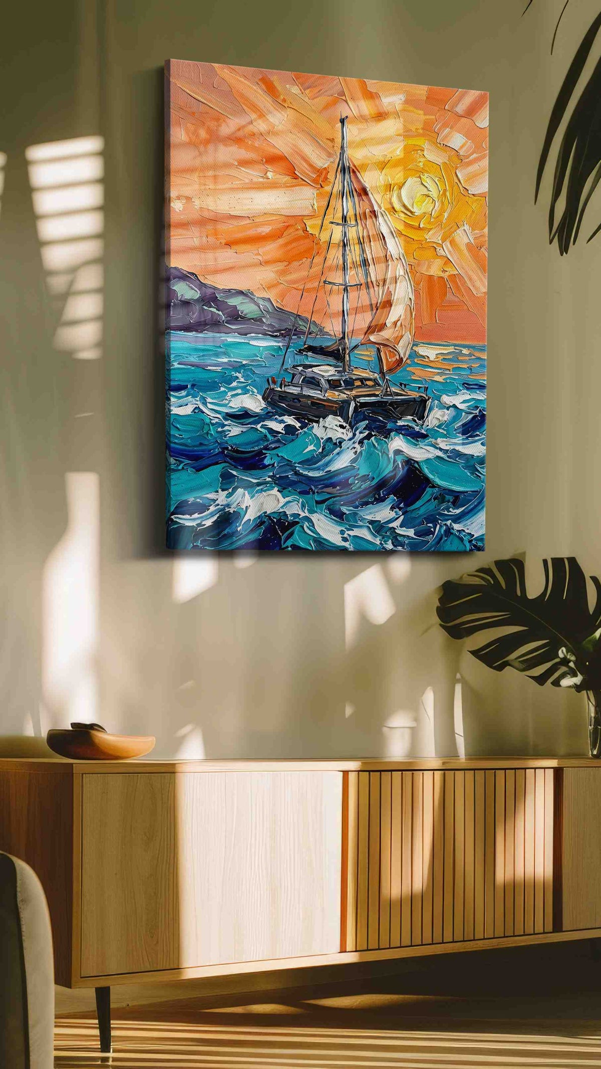 Sunlit Voyage sailing canvas print, on wall, lifestyle preview