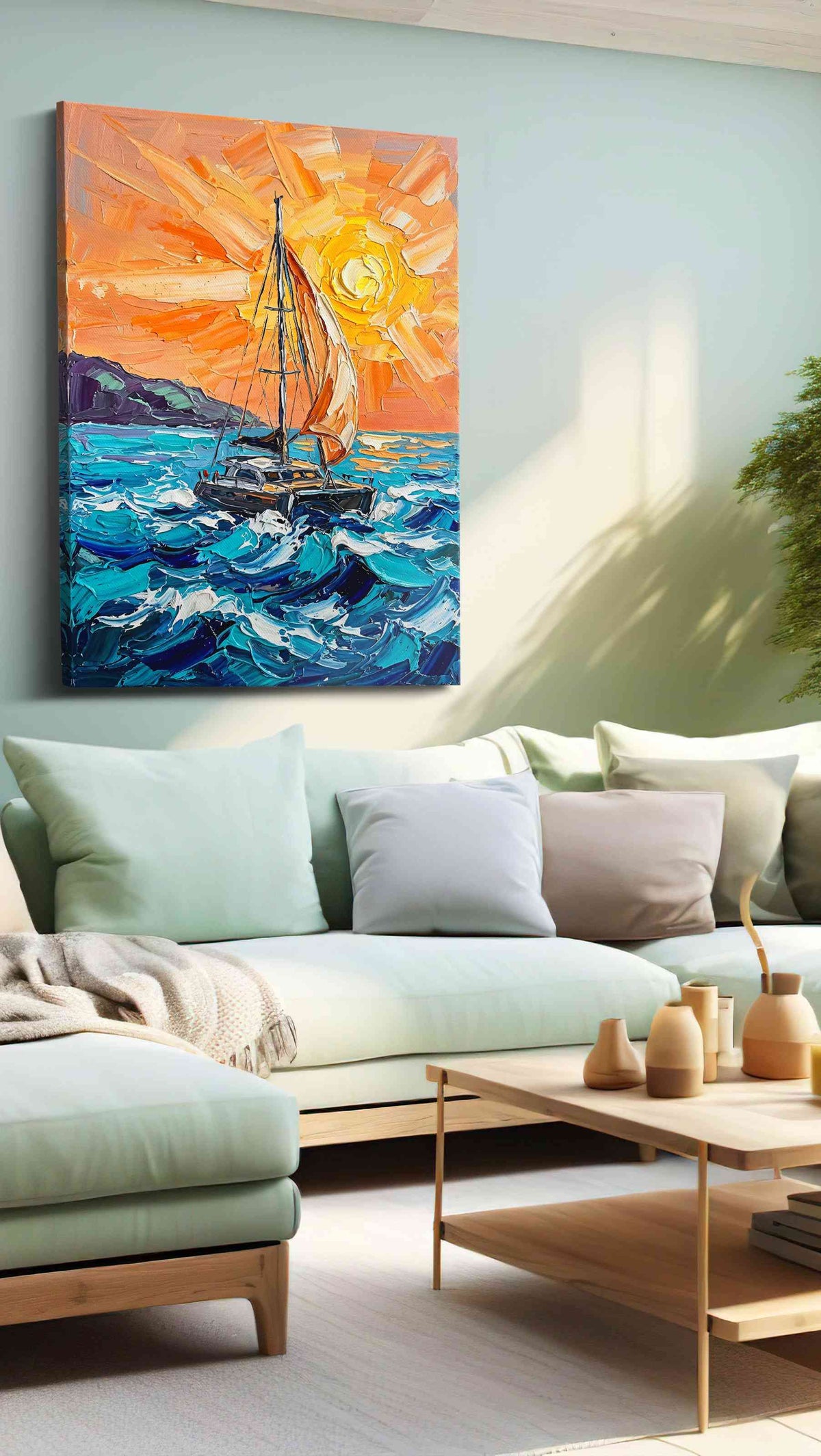 Sunlit Voyage sailing canvas print, hanging on wall