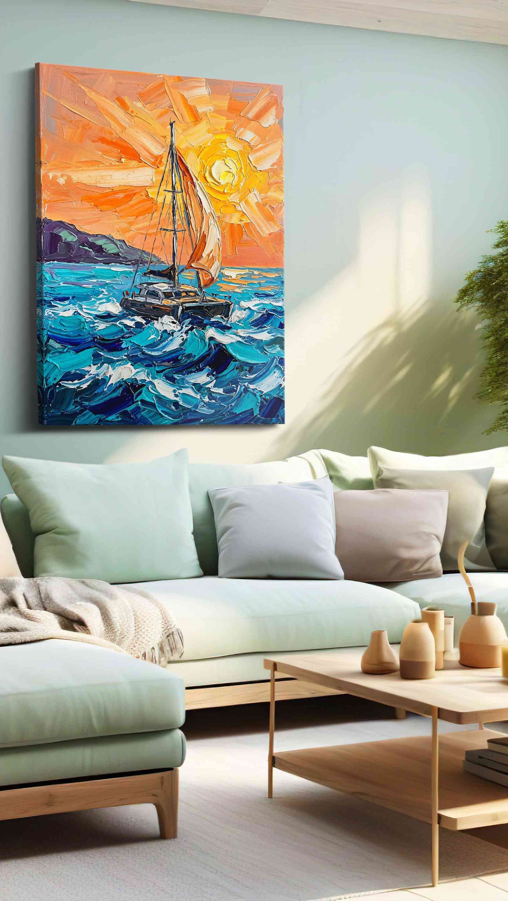 Sunlit Voyage sailing canvas print, hanging on wall
