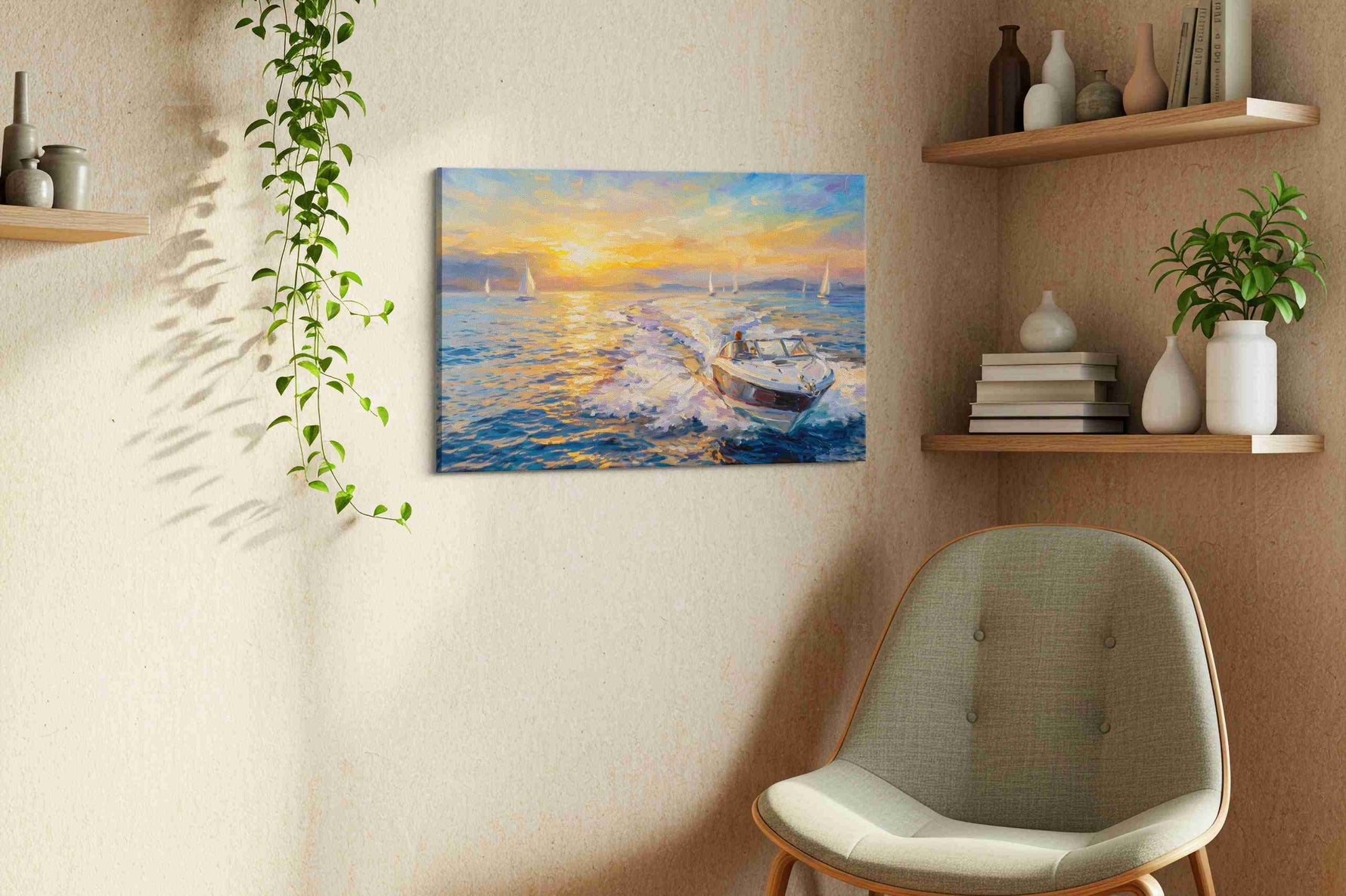 Sunlit Voyage Bliss sailing canvas print, displayed in a living room