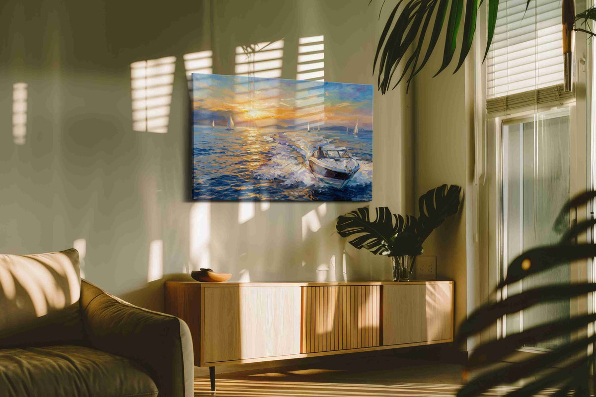 Sunlit Voyage Bliss sailing canvas print, on wall, lifestyle preview