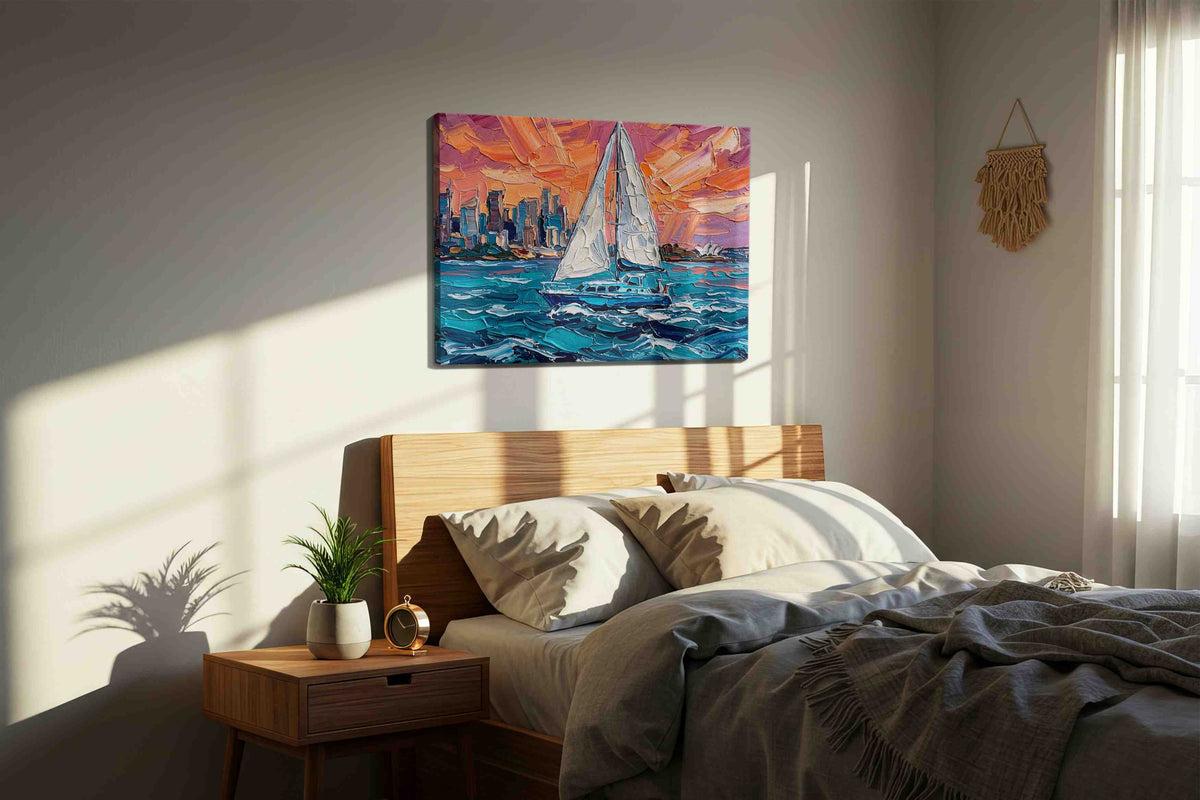 Sunset Voyage Symphony sailing canvas print, displayed in a bedroom