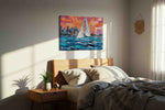 Sunset Voyage Symphony sailing canvas print, displayed in a bedroom
