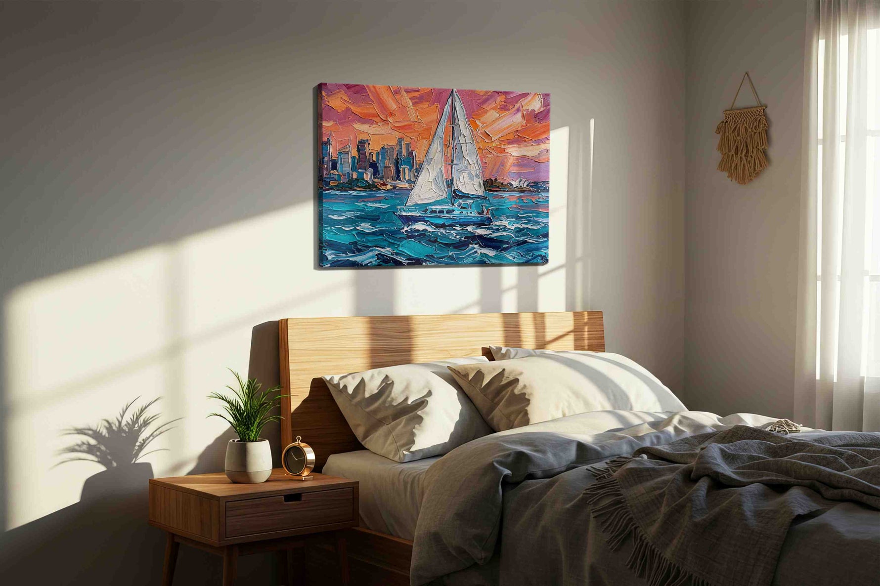 Sunset Voyage Symphony sailing canvas print, displayed in a bedroom