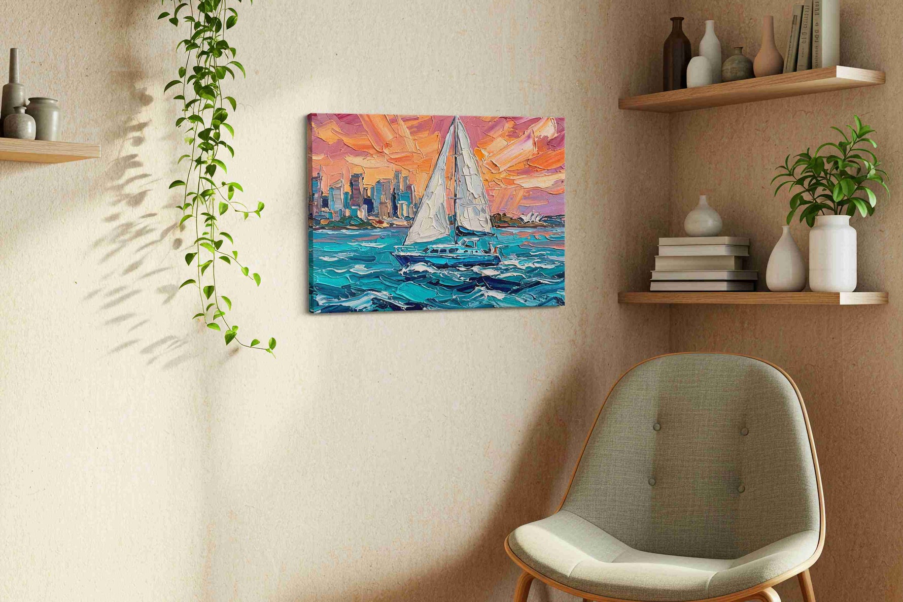 Sunset Voyage Symphony (Sailing) - Nautical Wall Art, Sailing Canvas Print, Maritime Decor styled in a living room