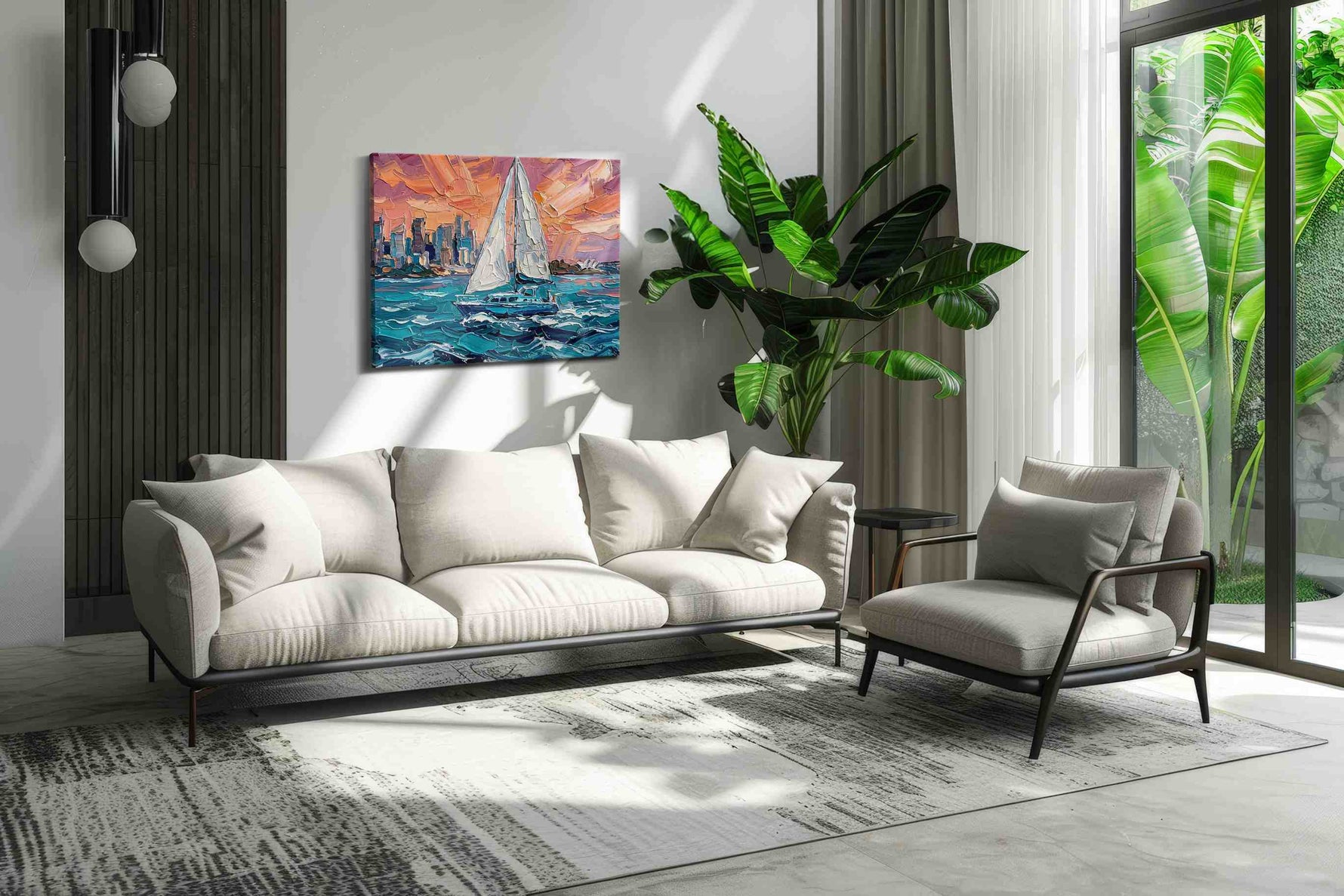 Sunset Voyage Symphony sailing canvas print in a modern interior mockup