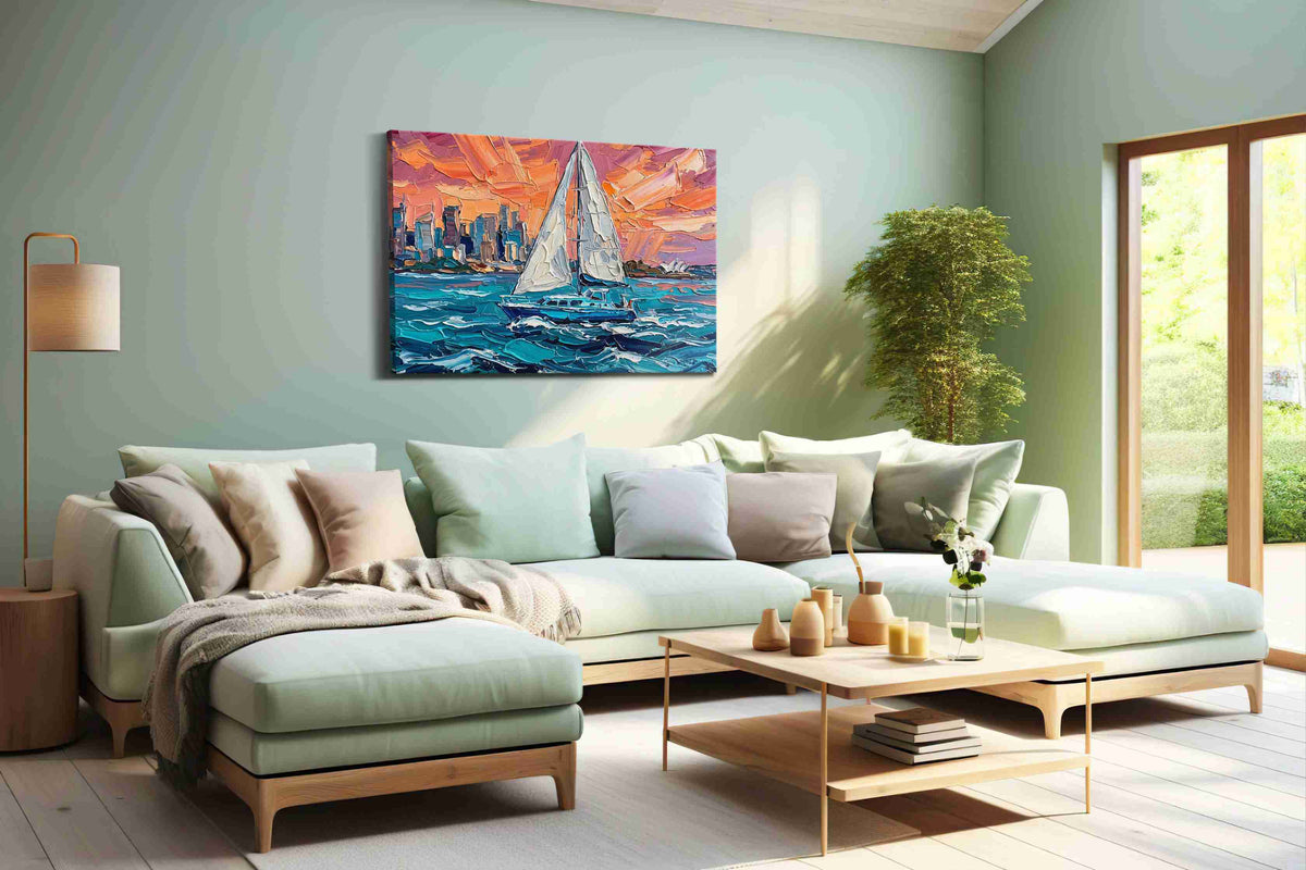 Sunset Voyage Symphony sailing canvas print, hanging on wall