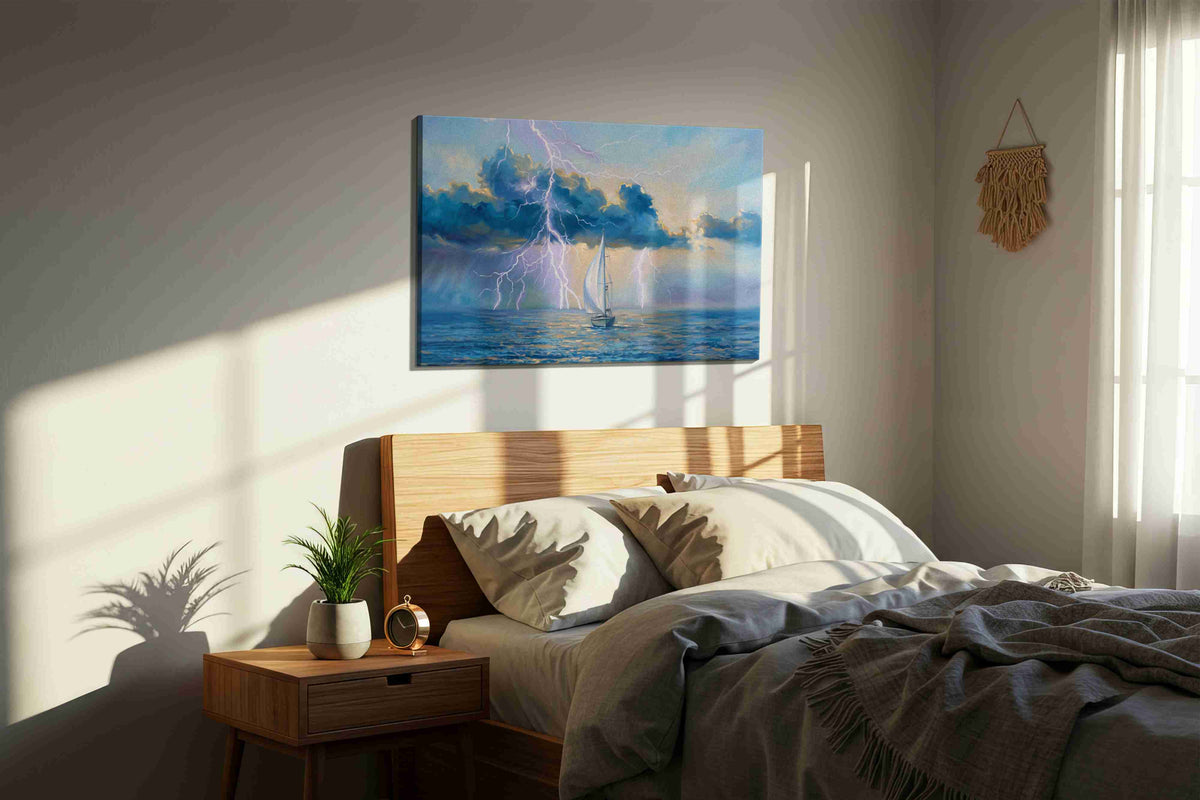Tempest Symphony sailing canvas print, displayed in a bedroom