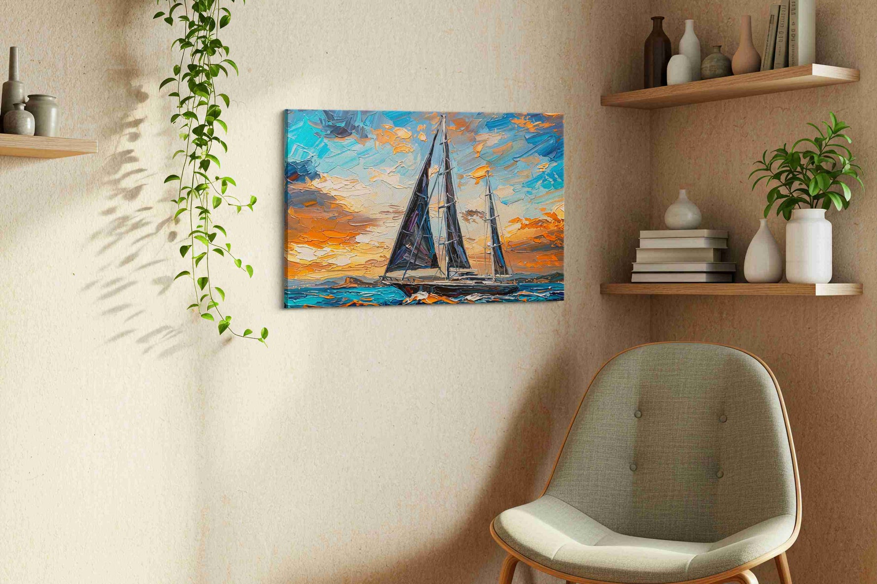 Voyage Through a Painted Dawn sailing canvas print, hanging on wall