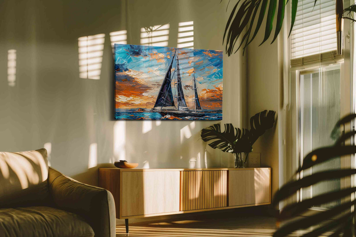 Voyage Through a Painted Dawn (Sailing) - Nautical Wall Art, Sailing Canvas Print, Maritime Decor in a hung canvas mockup