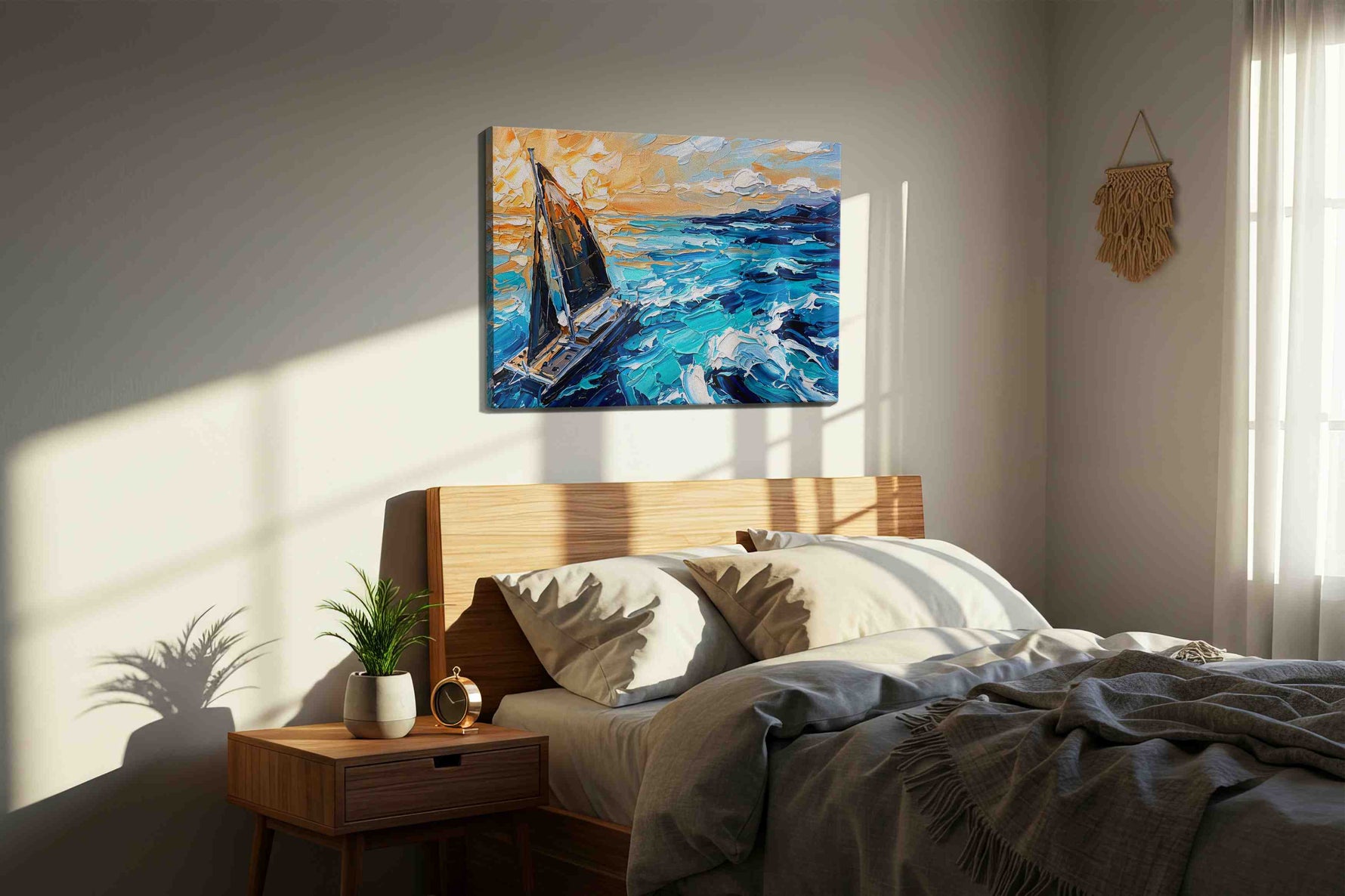 Voyage of the Sunlit Waves (Sailing) - Nautical Wall Art, Sailing Canvas Print, Maritime Decor in a bedroom scene