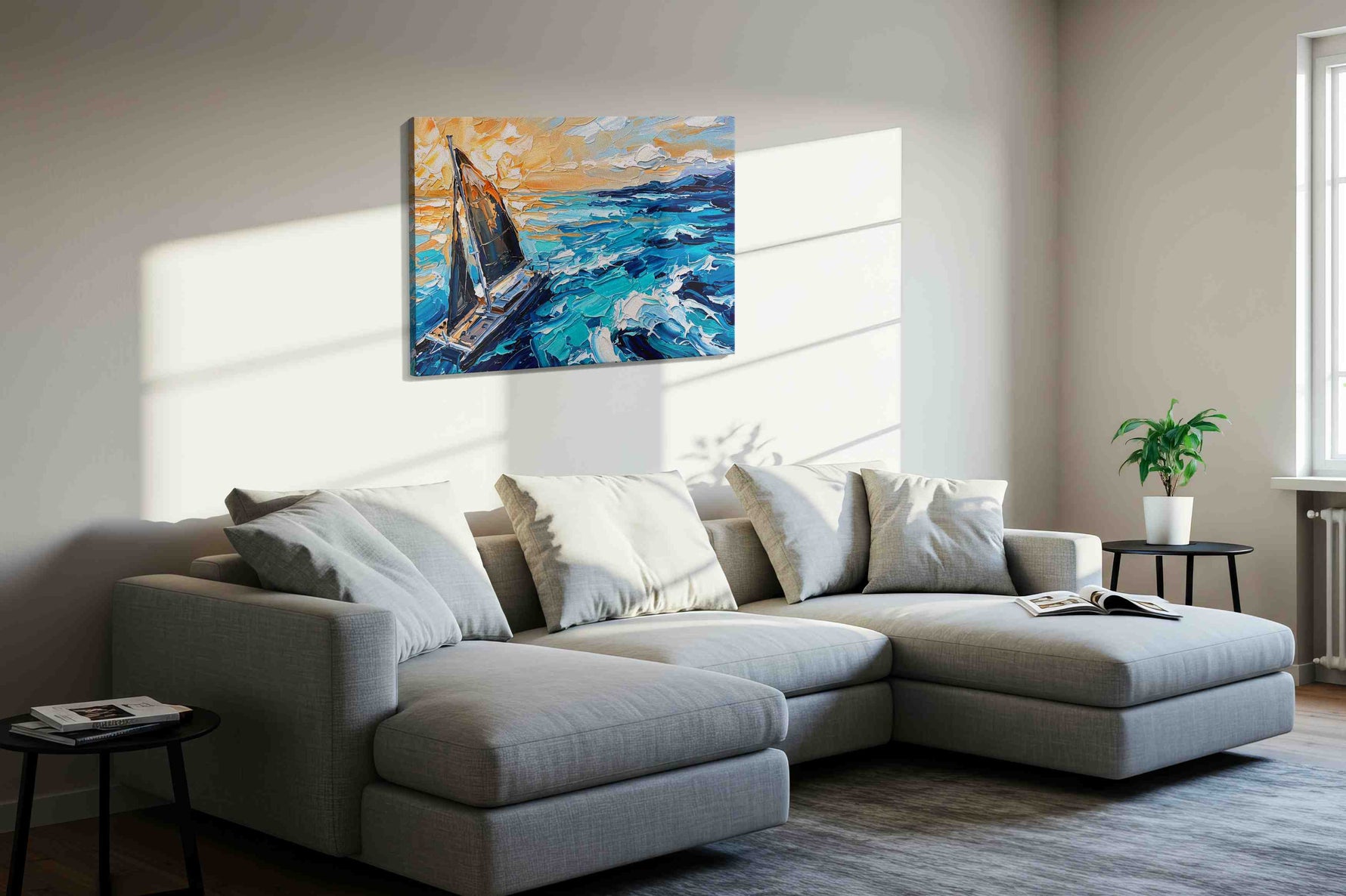 Voyage of the Sunlit Waves sailing canvas print, displayed in a living room