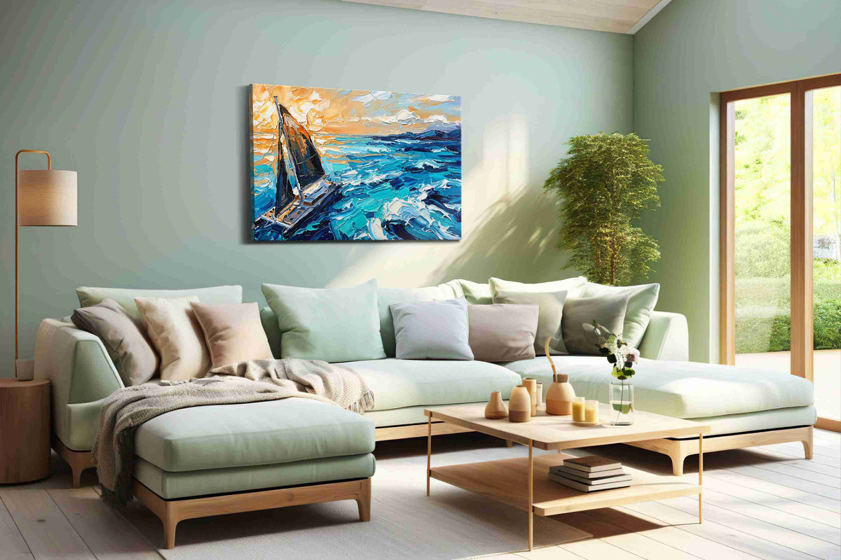 Voyage of the Sunlit Waves sailing canvas print, hanging on wall