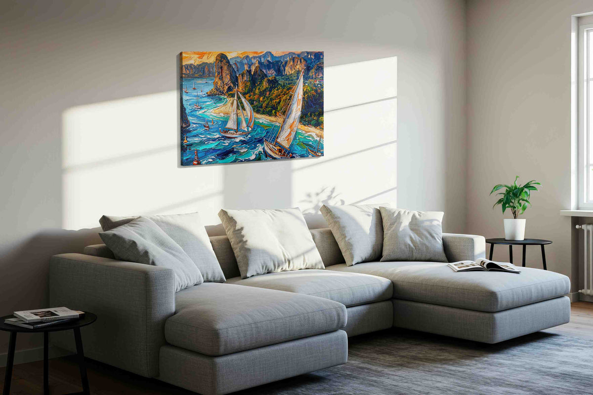 Whimsical Winds of the Sea sailing canvas print styled in a living room