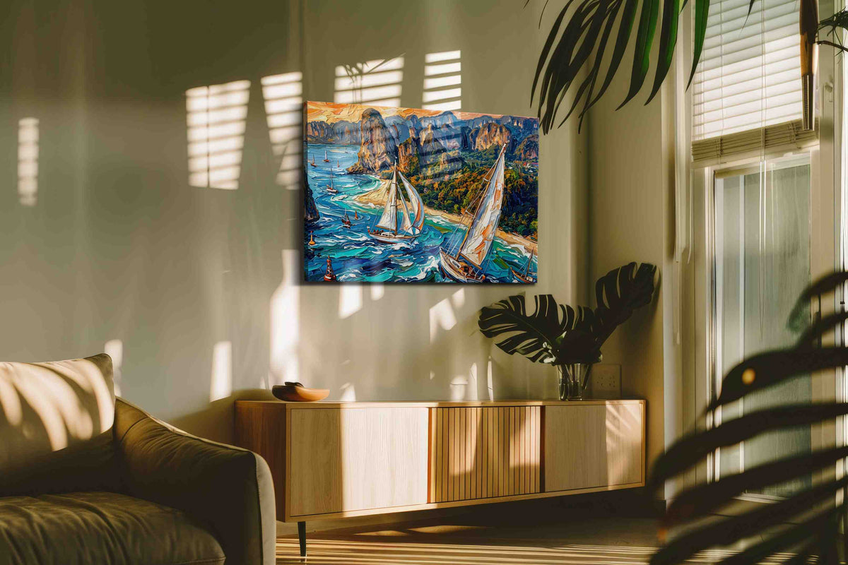 Whimsical Winds of the Sea (Sailing) - Nautical Wall Art, Sailing Canvas Print, Maritime Decor in a hung canvas mockup