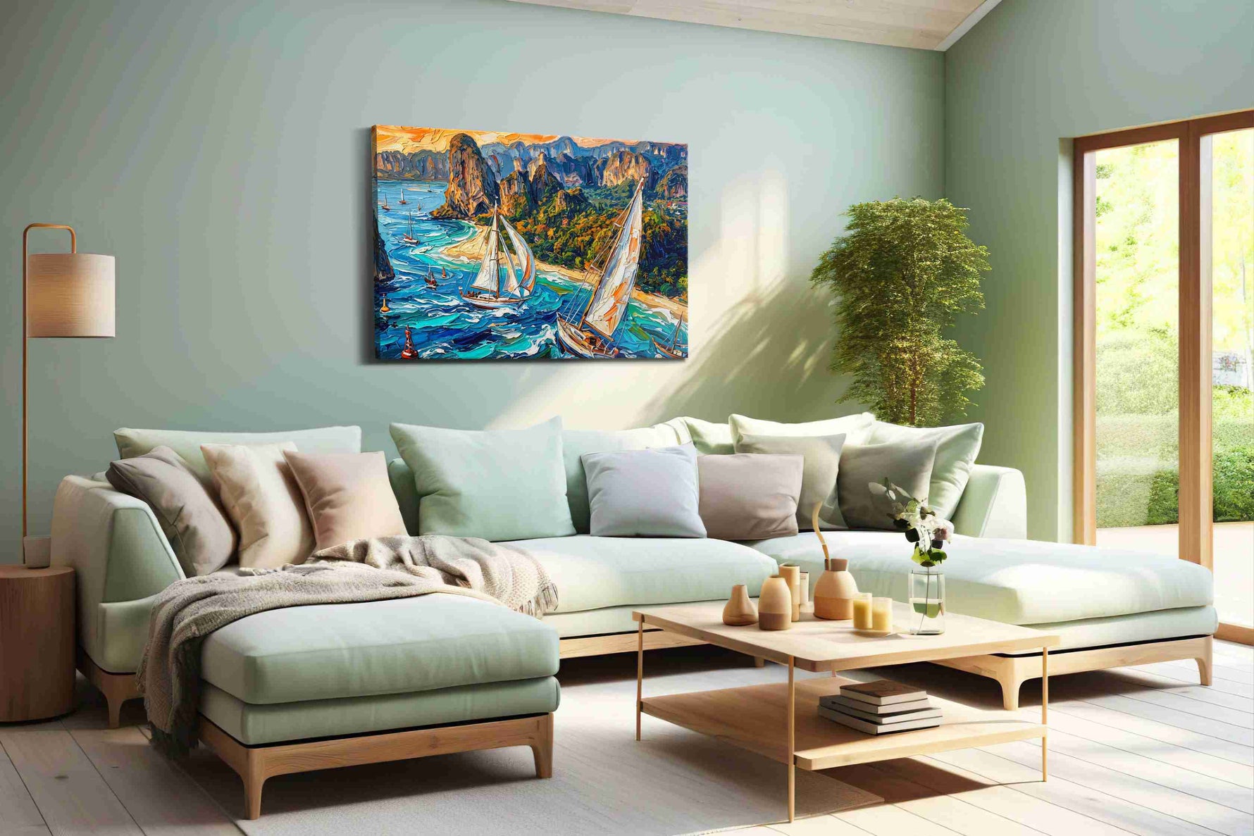 Whimsical Winds of the Sea sailing canvas print, hanging on wall