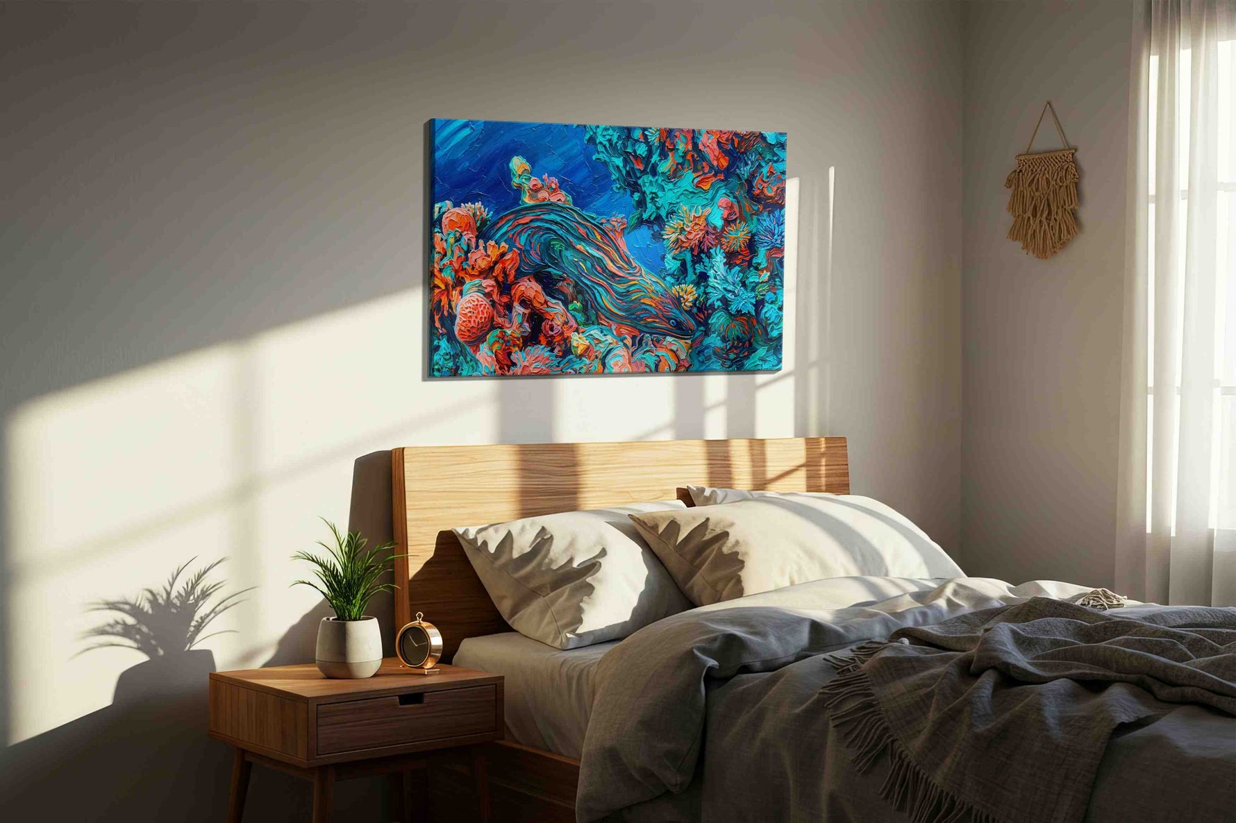 Coral Symphony sealife canvas print, displayed in a bedroom