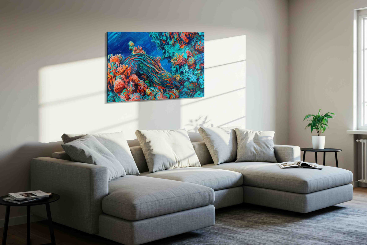 Coral Symphony sealife canvas print, displayed in a living room
