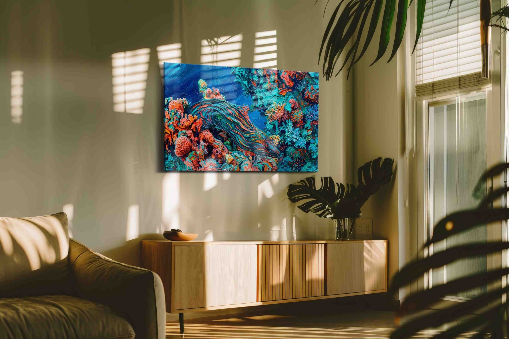 Coral Symphony sealife canvas print, on wall, lifestyle preview