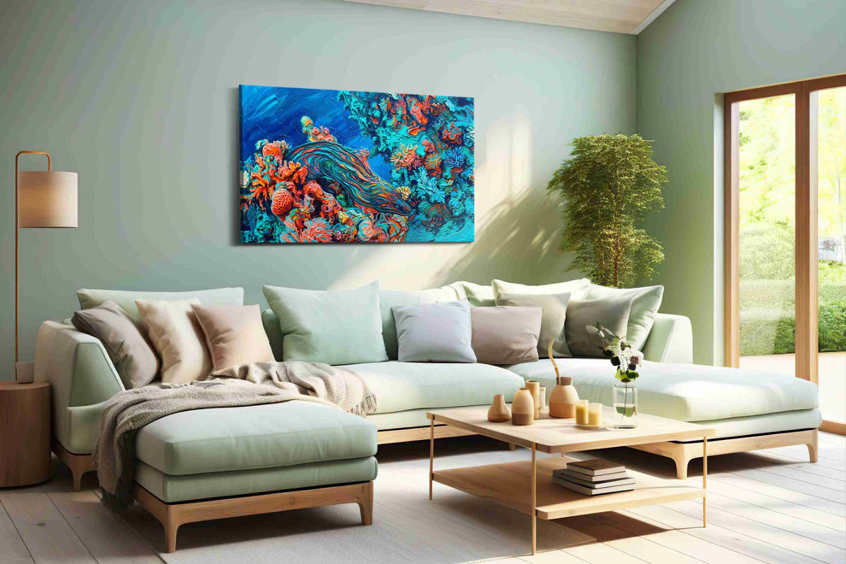 Coral Symphony sealife canvas print, hanging on wall