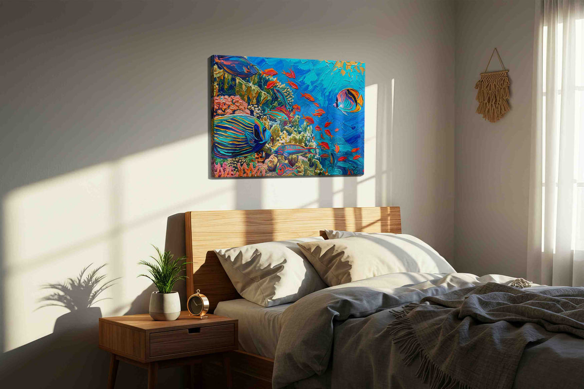 Coral Symphony II sealife canvas print, displayed in a bedroom