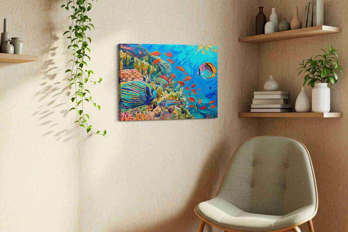 Coral Symphony II sealife canvas print, displayed in a living room