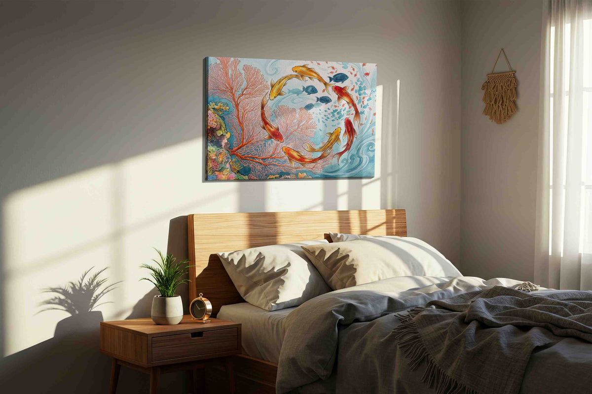 Dance of the Coral Koi sealife canvas print, displayed in a bedroom