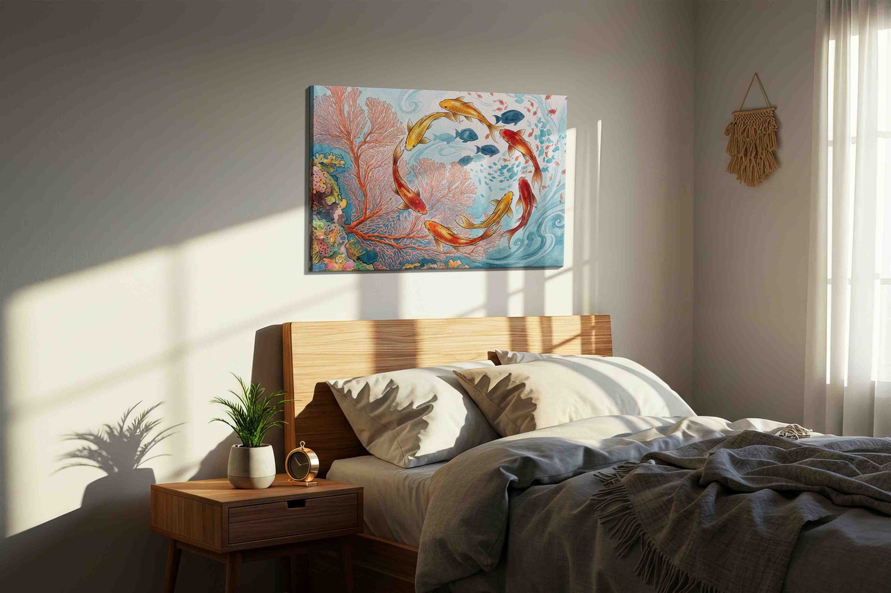 Dance of the Coral Koi sealife canvas print, displayed in a bedroom