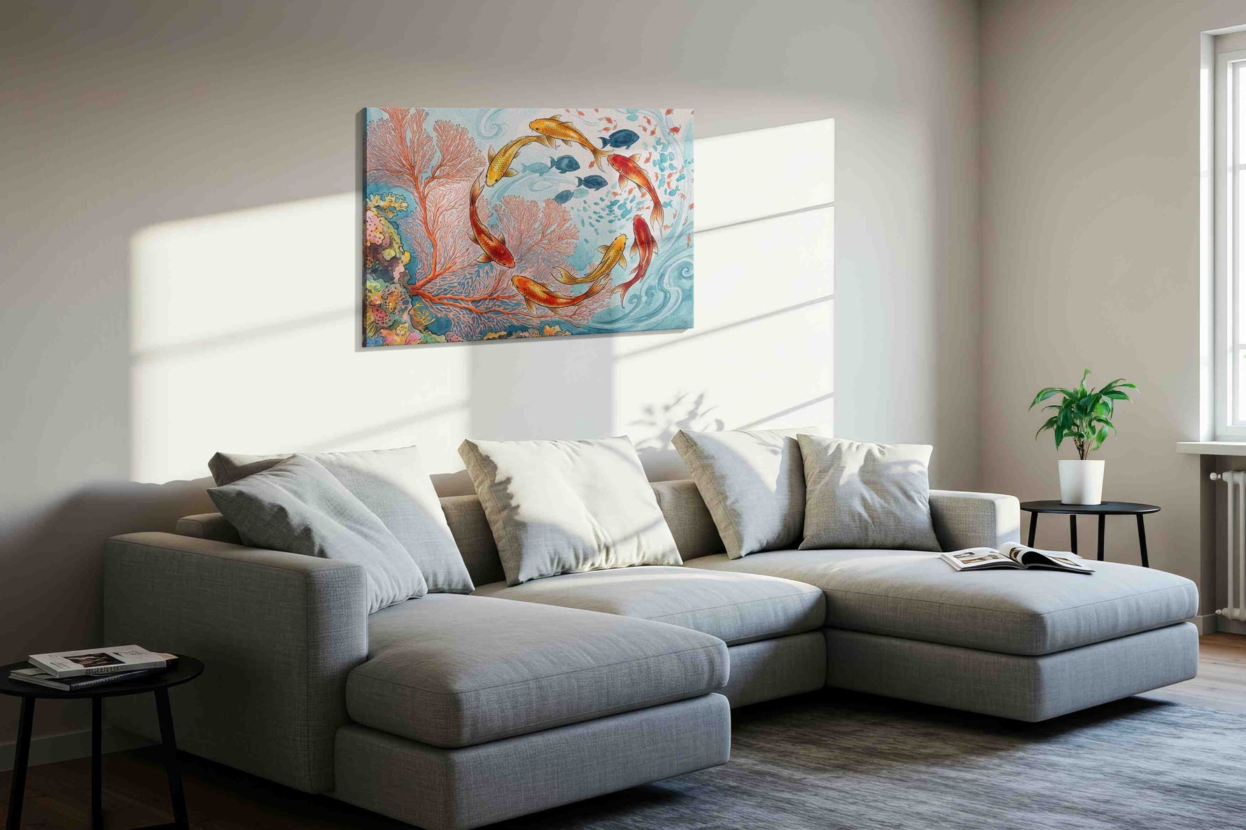 Dance of the Coral Koi sealife canvas print, displayed in a living room
