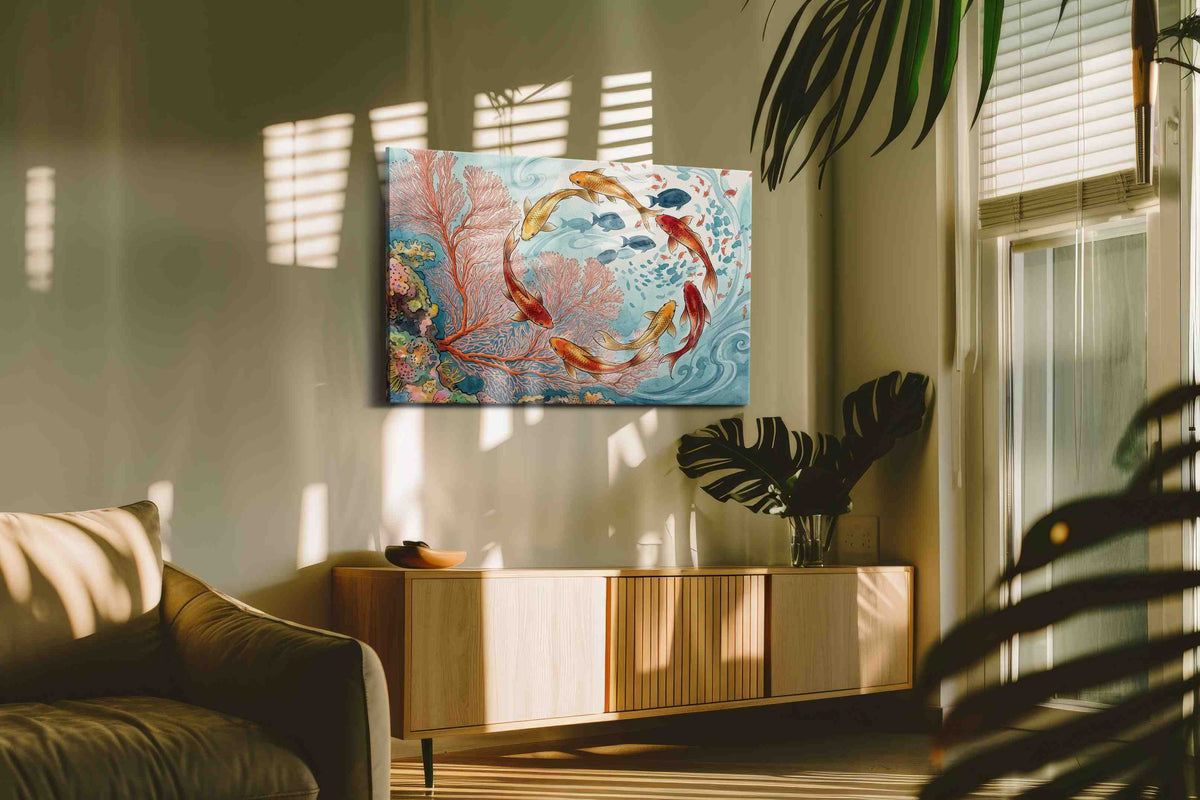 Dance of the Coral Koi sealife canvas print in a contemporary interior mockup