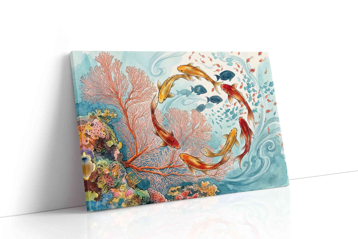 Dance of the Coral Koi sealife canvas print, gallery-wrapped, ready to hang