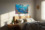 Dolphin Symphony in Coral Waters sealife canvas print, displayed in a bedroom