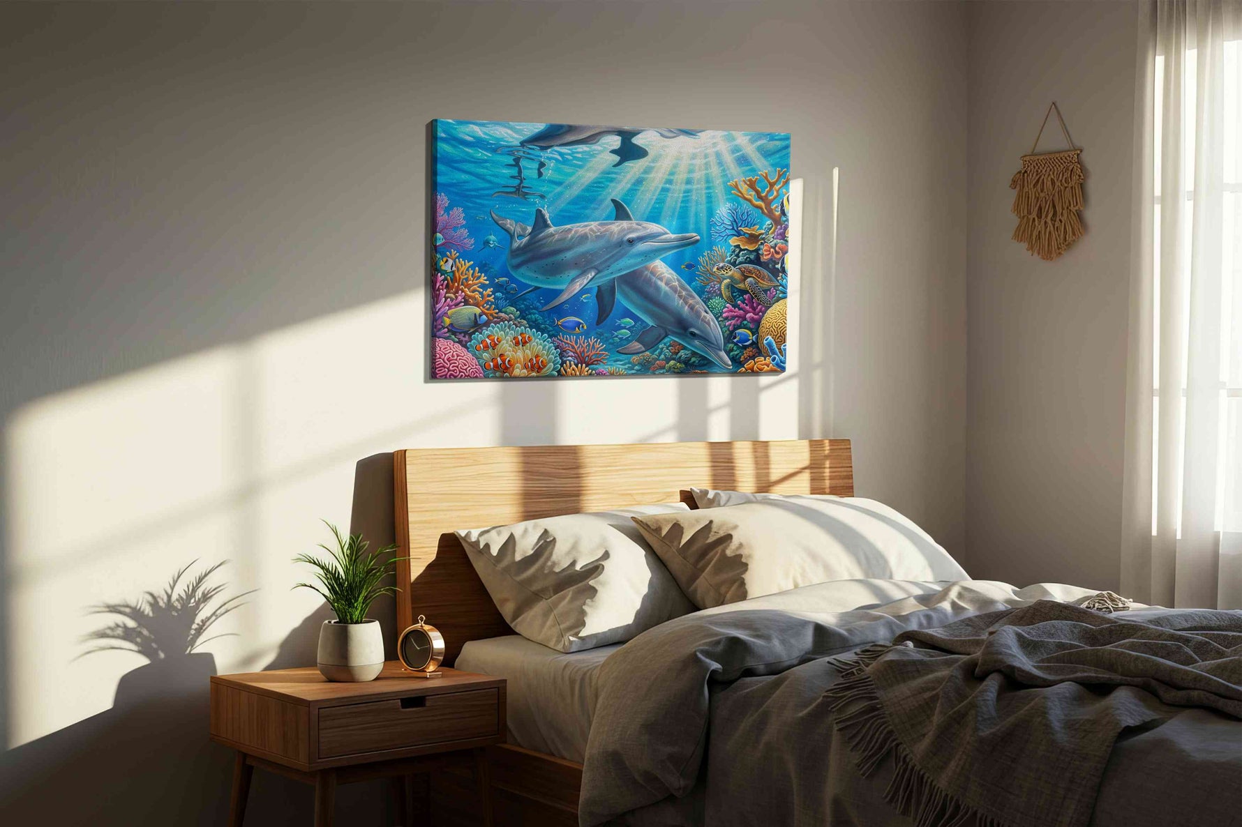 Dolphin Symphony in Coral Waters sealife canvas print, displayed in a bedroom
