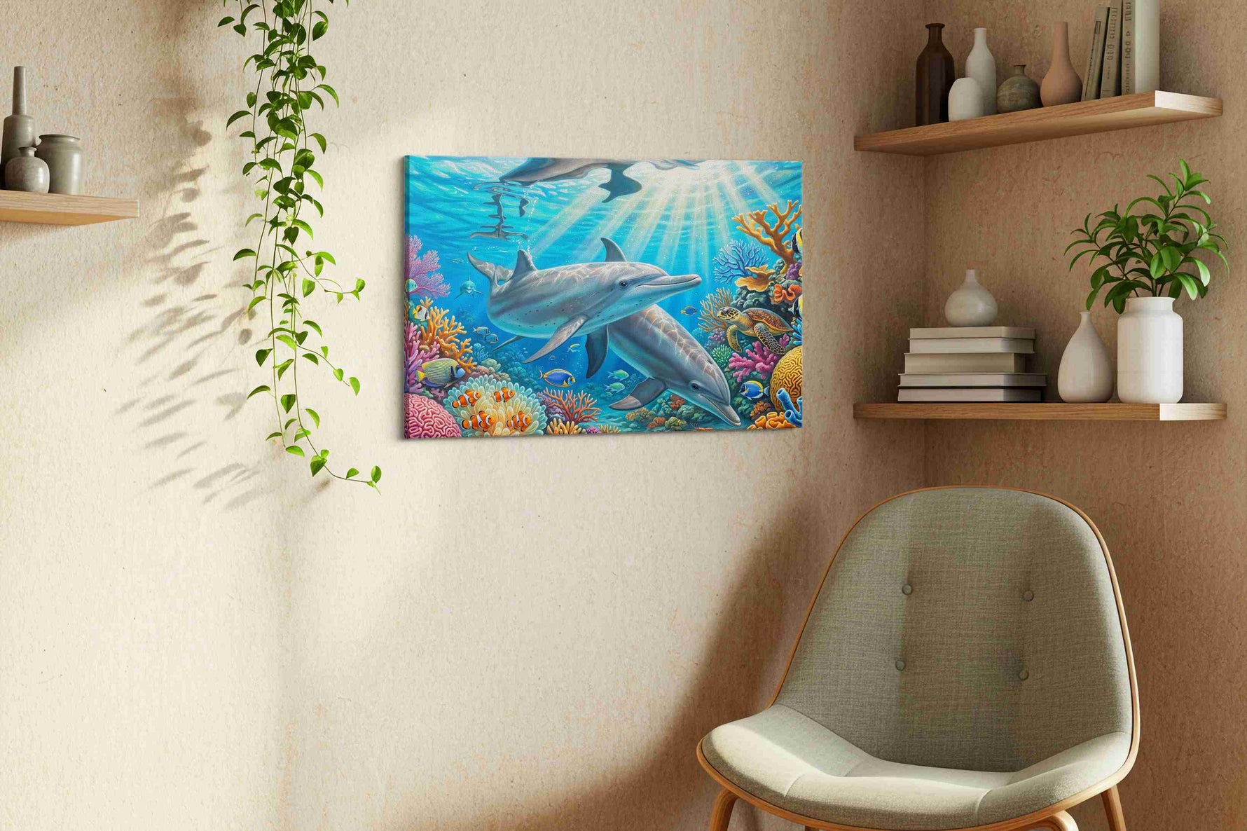 Dolphin Symphony in Coral Waters sealife canvas print, hanging on wall