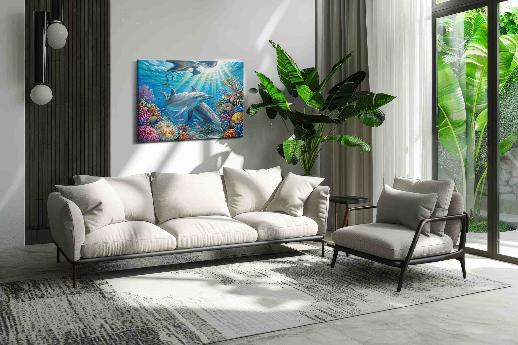 Dolphin Symphony in Coral Waters sealife canvas print, hanging on wall — view 2