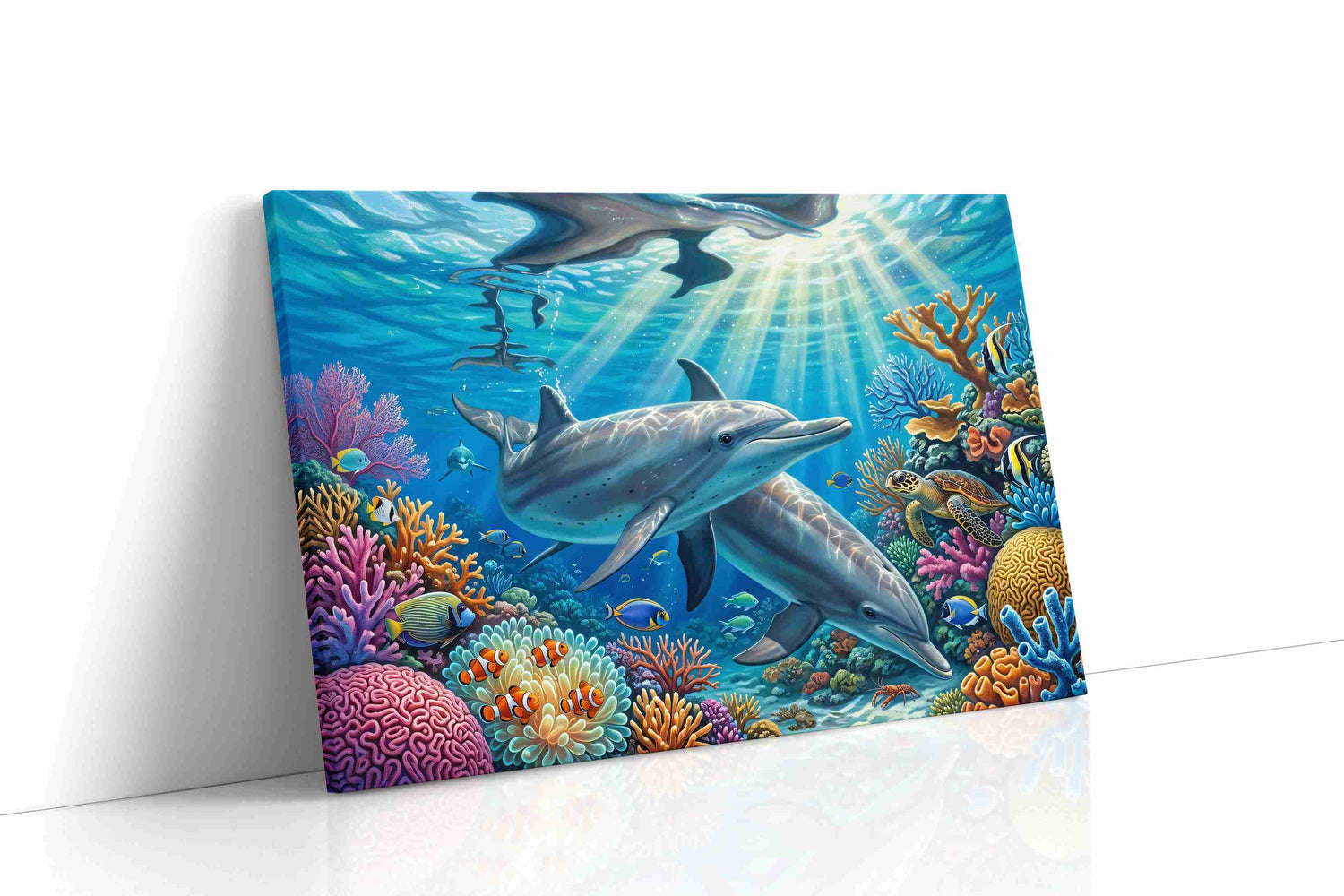 Dolphin Symphony in Coral Waters sealife canvas print, gallery-wrapped, ready to hang