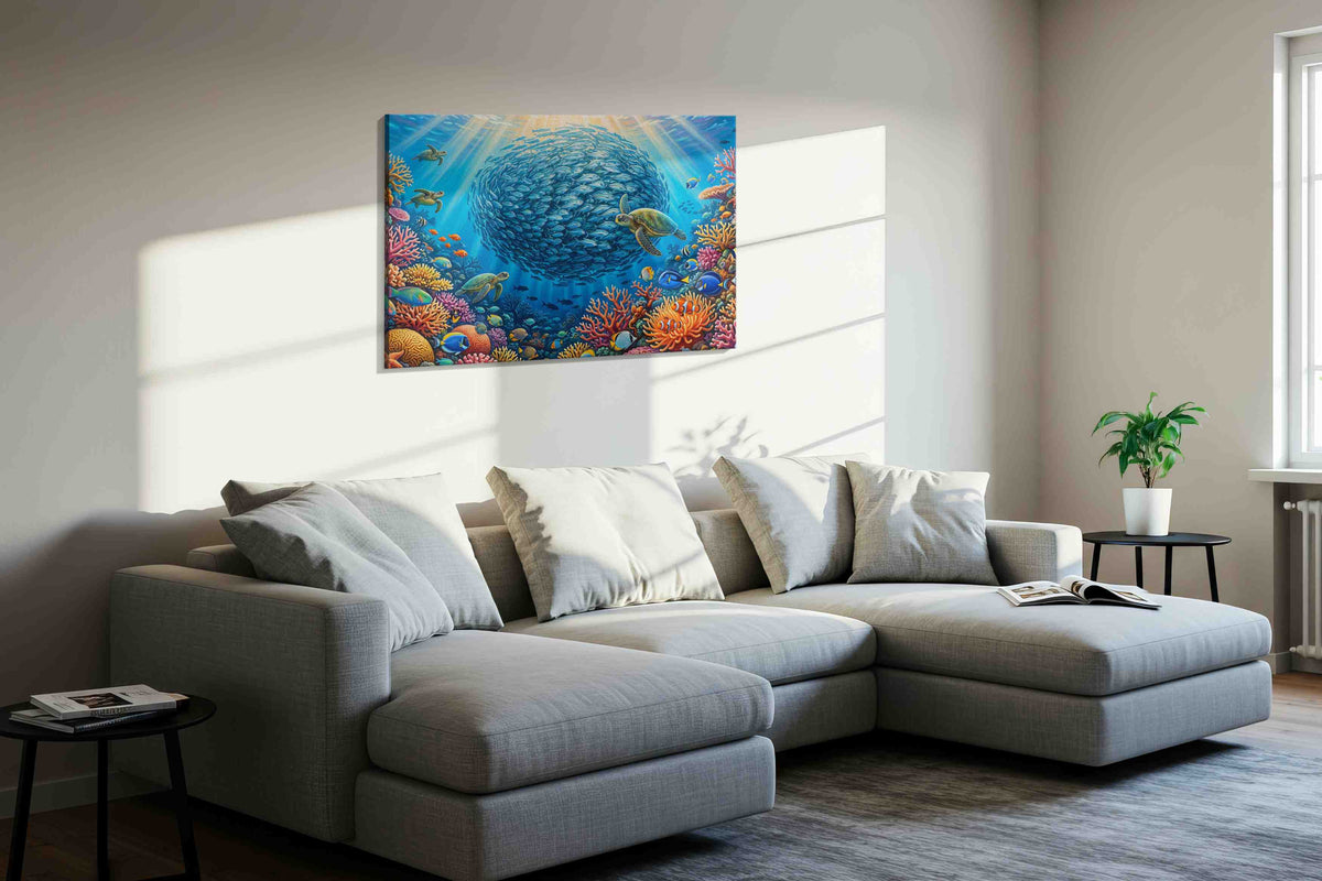 Elysian Seas sealife canvas print, displayed in a living room