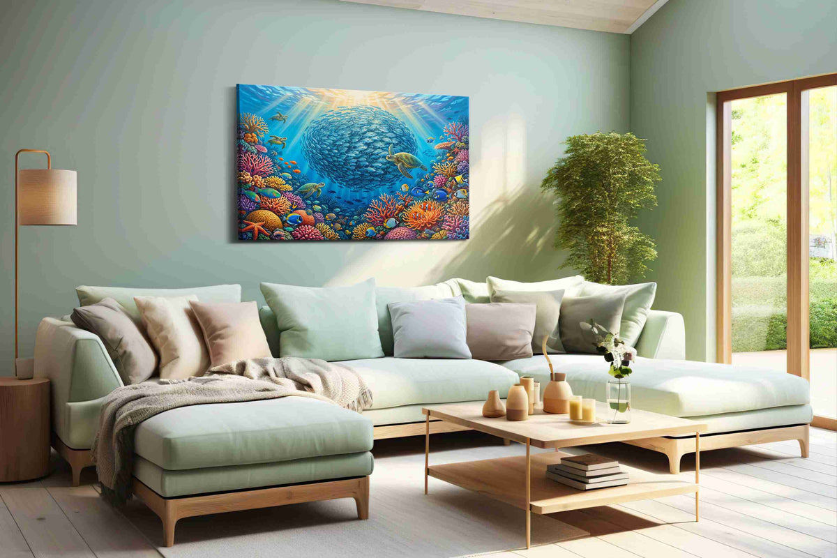 Elysian Seas sealife canvas print, hanging on wall