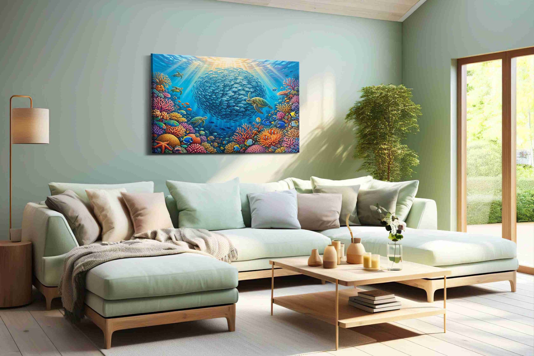 Elysian Seas sealife canvas print, hanging on wall