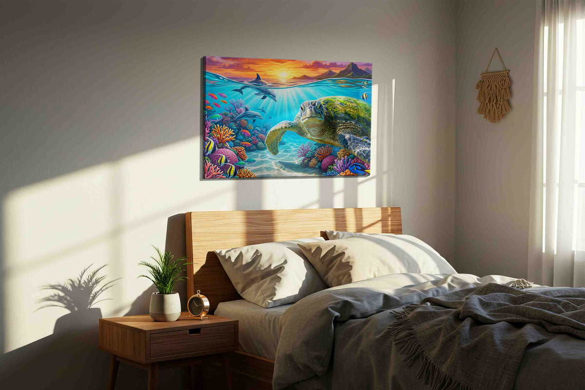 Emerald Depths Odyssey sealife canvas print, displayed in a bedroom
