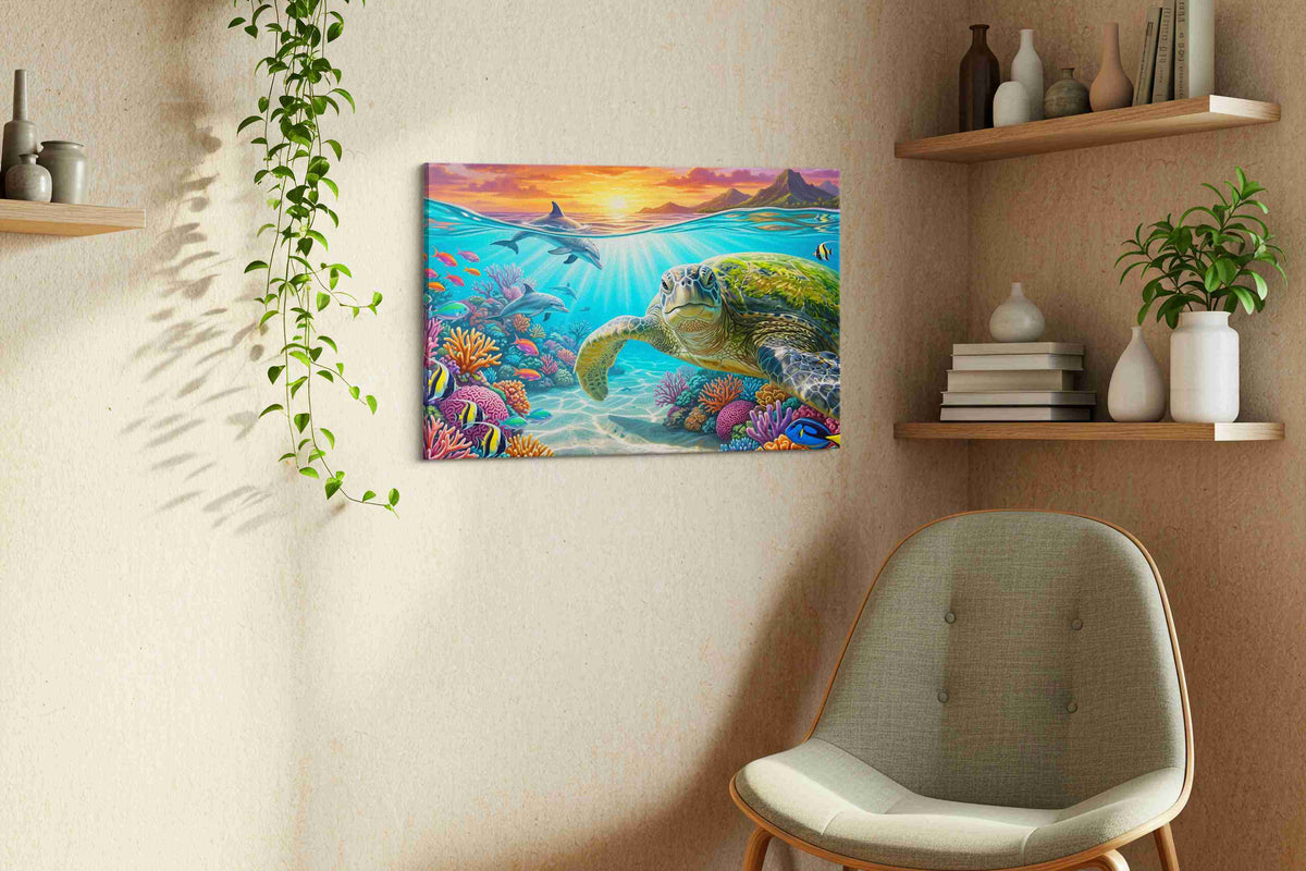 Emerald Depths Odyssey sealife canvas print, displayed in a living room