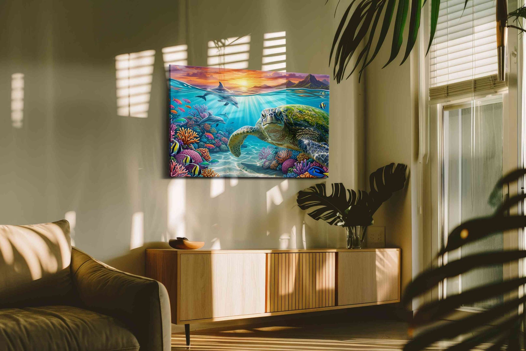 Emerald Depths Odyssey sealife canvas print in a contemporary interior mockup