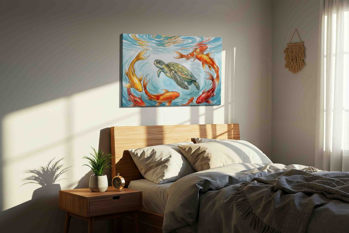 Harmony of Water and Life sealife canvas print, displayed in a bedroom