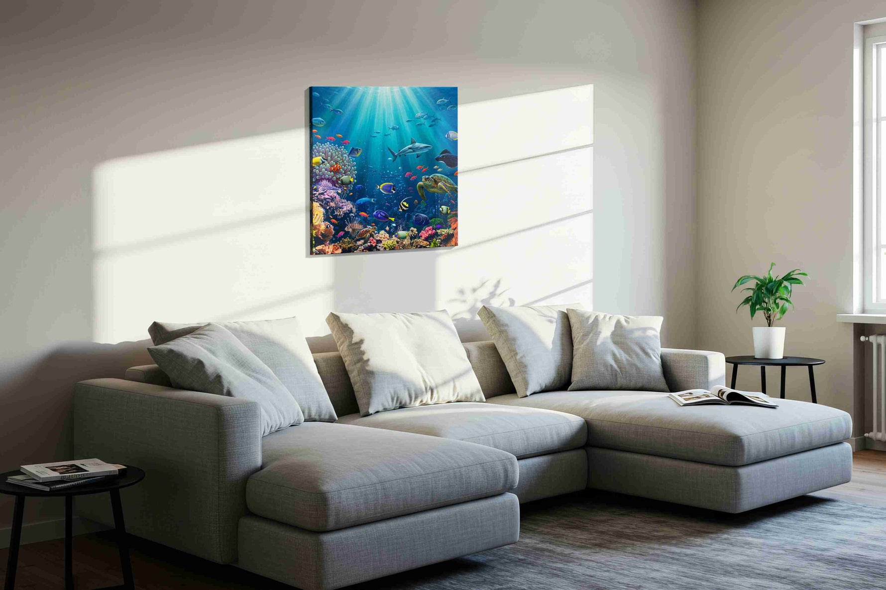 Ocean Symphony sealife canvas print, displayed in a living room