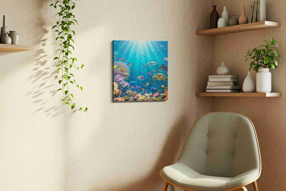 Ocean Symphony (Sealife) - Sea Life Wall Art, Marine Canvas Print, Ocean Animal Art in a living room scene