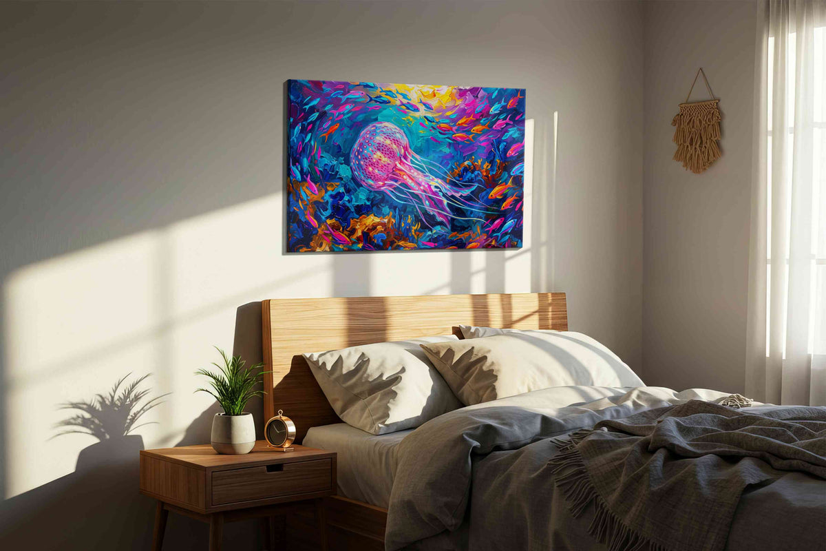 Radiant Sea Symphony sealife canvas print, displayed in a bedroom