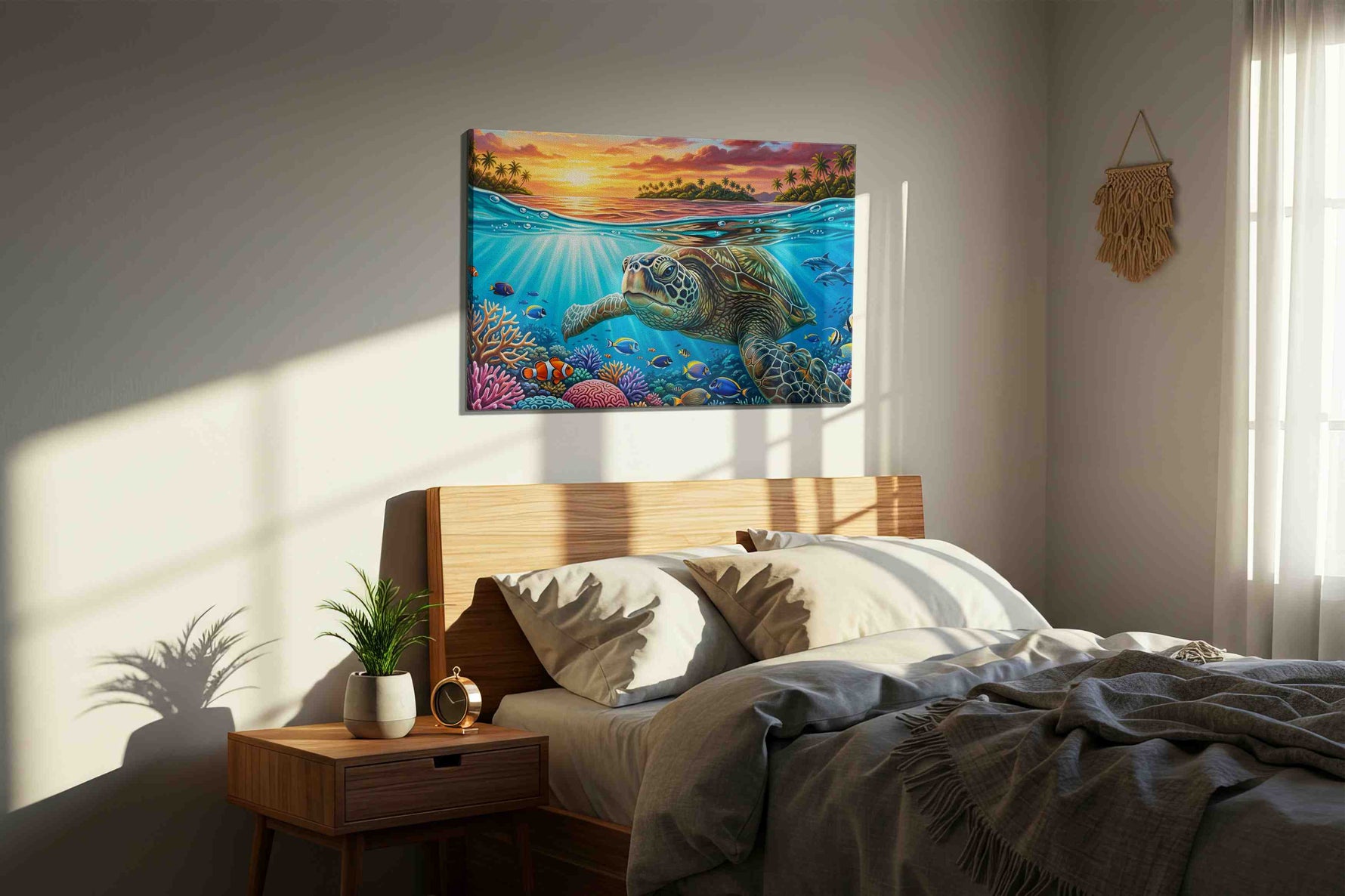 Sunlit Ocean Odyssey sealife canvas print, displayed in a bedroom