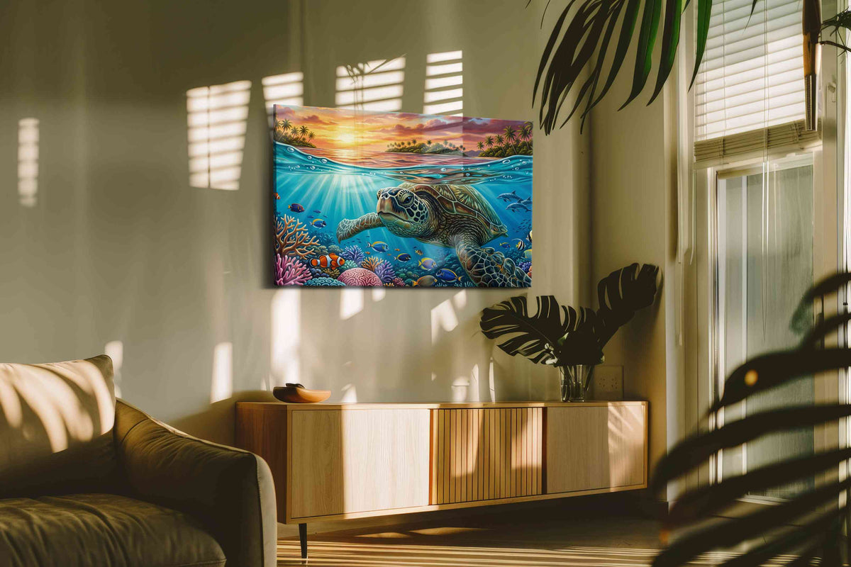 Sunlit Ocean Odyssey (Sealife) - Sea Life Wall Art, Marine Canvas Print, Ocean Animal Art in a contemporary interior mockup